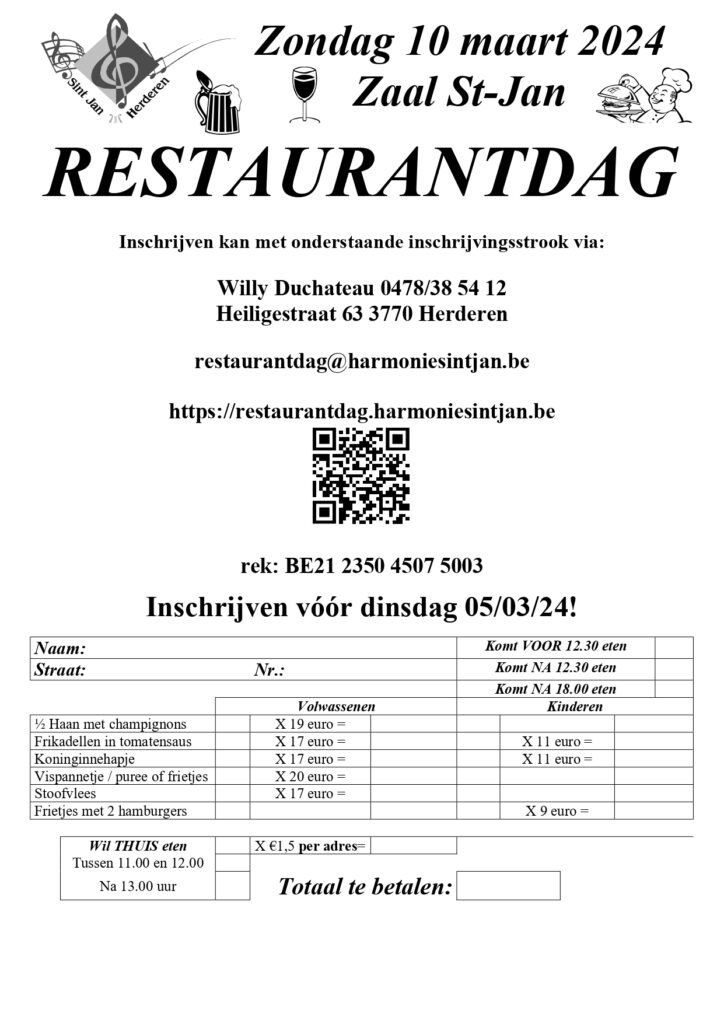 Restaurantdag Harmonie Sint-Jan 10 maart. 